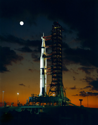 "Early morning view on November 9, 1967 of Pad A, Launch Complex 39, Kennedy Space Center, showing Apollo 4 Saturn V (Spacecraft 017/Saturn 501) prior to launch later that day. This was the first launch of the Saturn V."