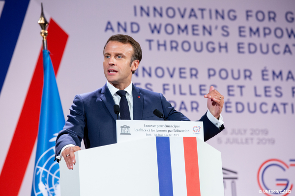 Emmanuel Macron lors de l'Allocution de clôture du Forum du G7 le 5 juillet 2019